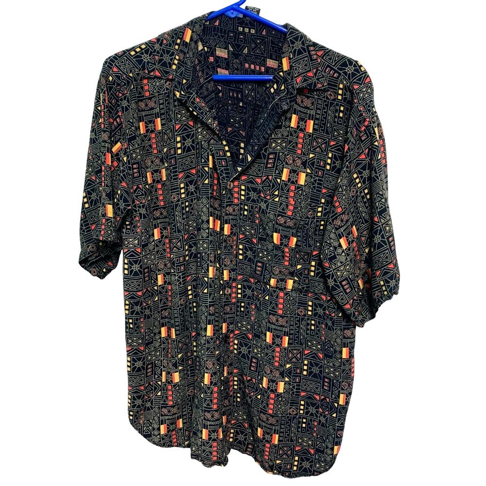 Shah Safari Vintage Geometric Pattern Black Red Boho Button Up Rayon Shirt XL